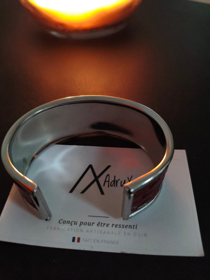 Bracelet cuir rouge argent AdryX - vue de face