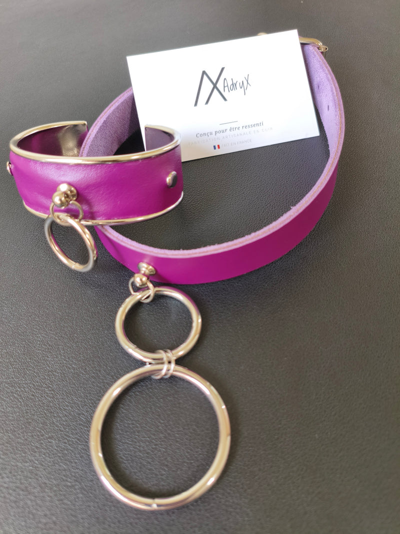 Parure bracelet et collier en cuir violet – Fait main en France