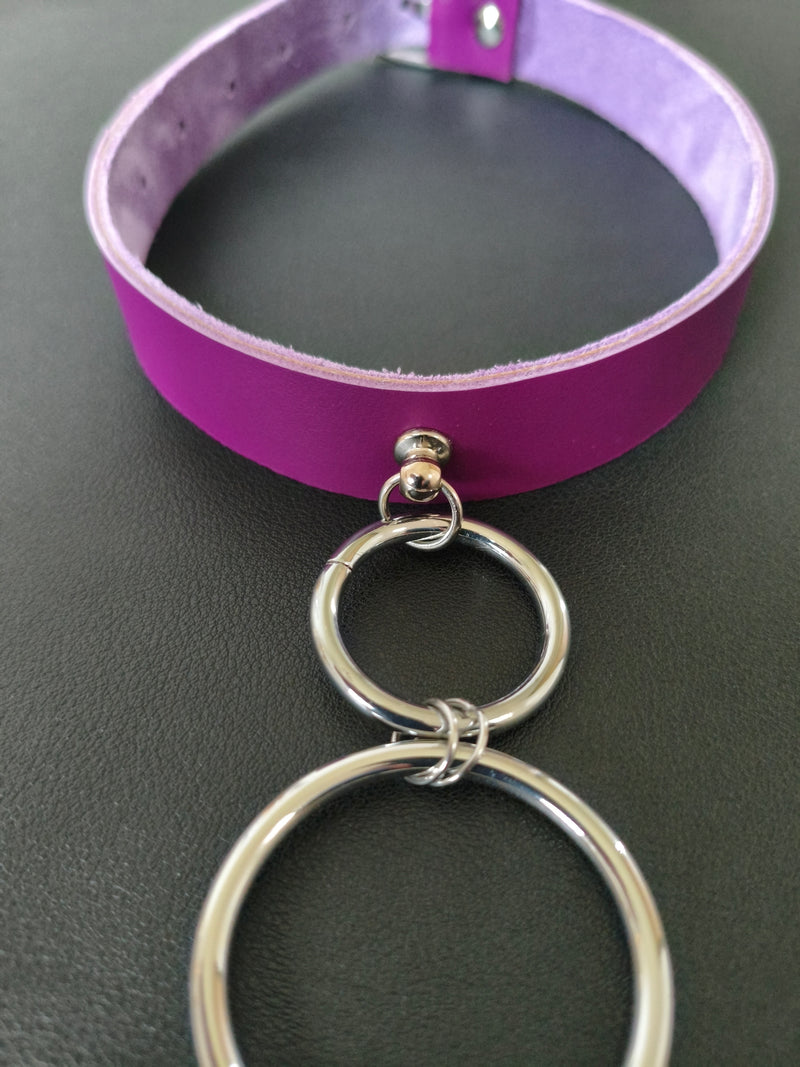 Collier en cuir violet 2 anneaux – Fait main en France