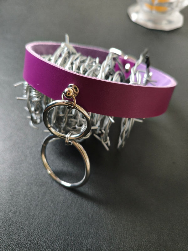 Collier en cuir violet 2 anneaux – Fait main en France