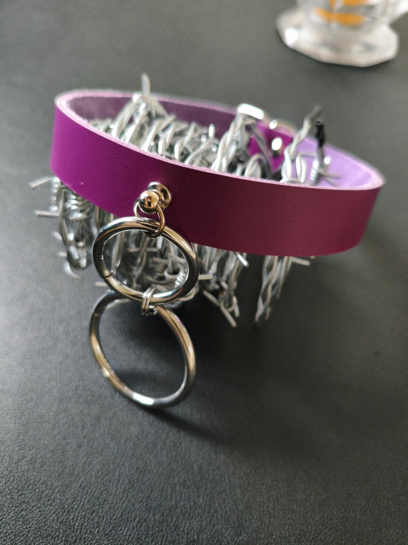 Collier en cuir violet 2 anneaux – Fait main en France