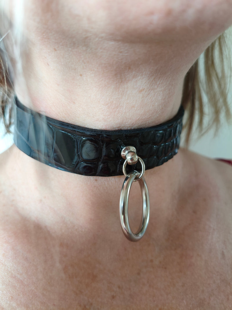 Parure cuir noir croco AdryX - ensemble collier manchette