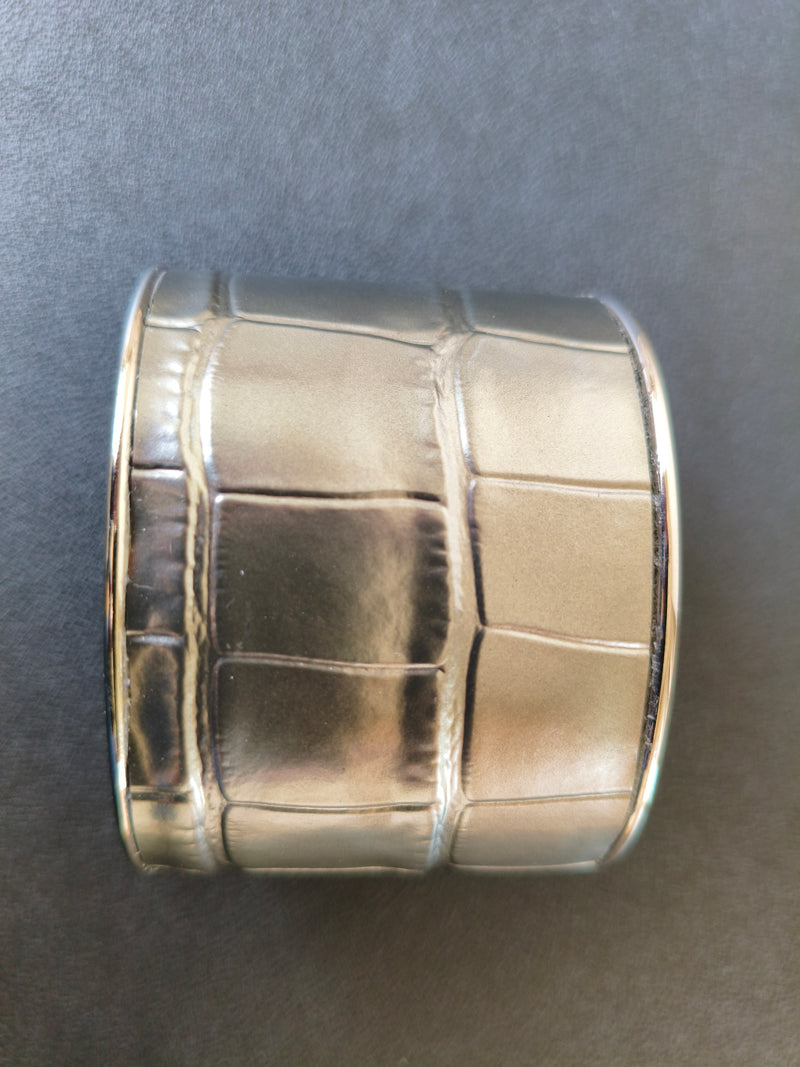 Bracelet BDSM manchette cuir argenté croco - fabrication française