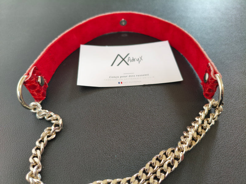 Collier cuir rouge chaîne argentée AdryX - vue ensemble