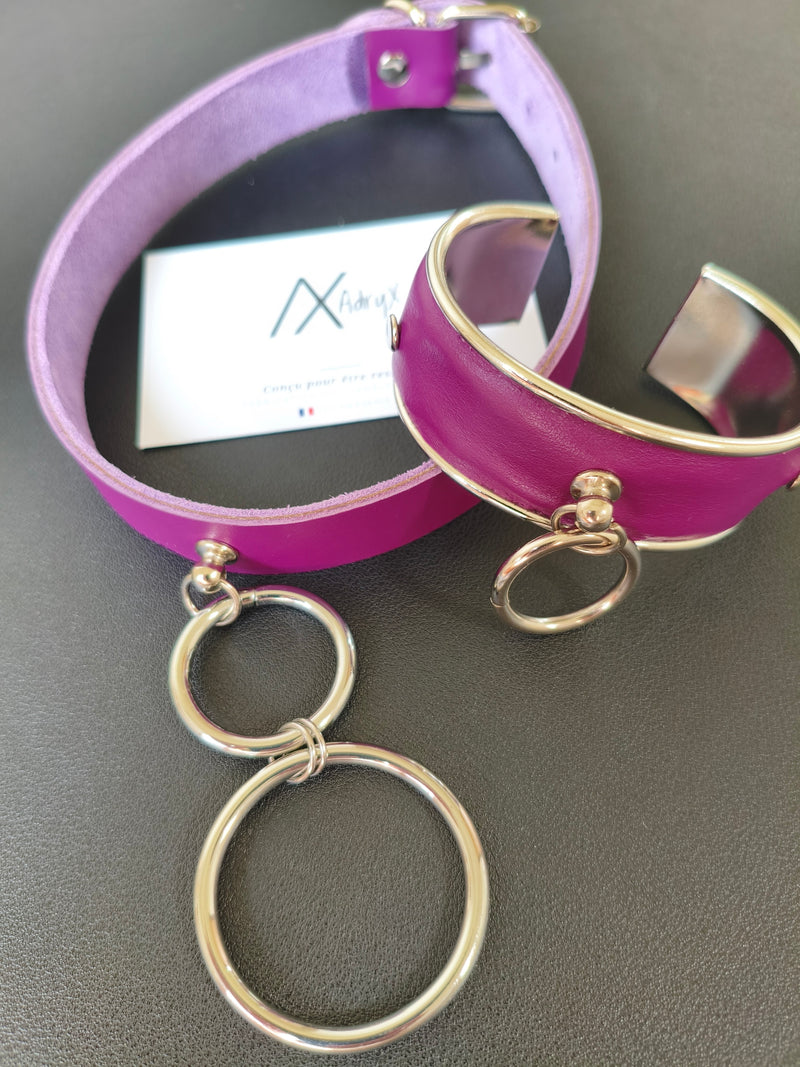 Parure bracelet et collier en cuir violet – Fait main en France