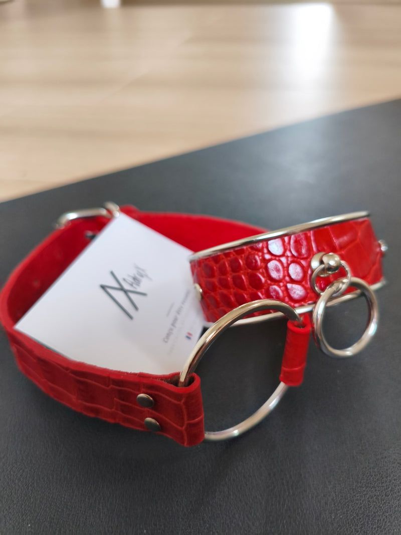 Parure bracelet et collier en cuir rouge effet crocodile – Fait main en France