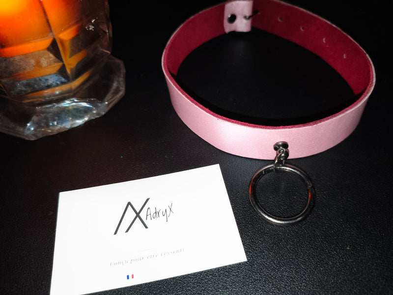 Collier cuir rose lisse AdryX - intérieur velours de cuir