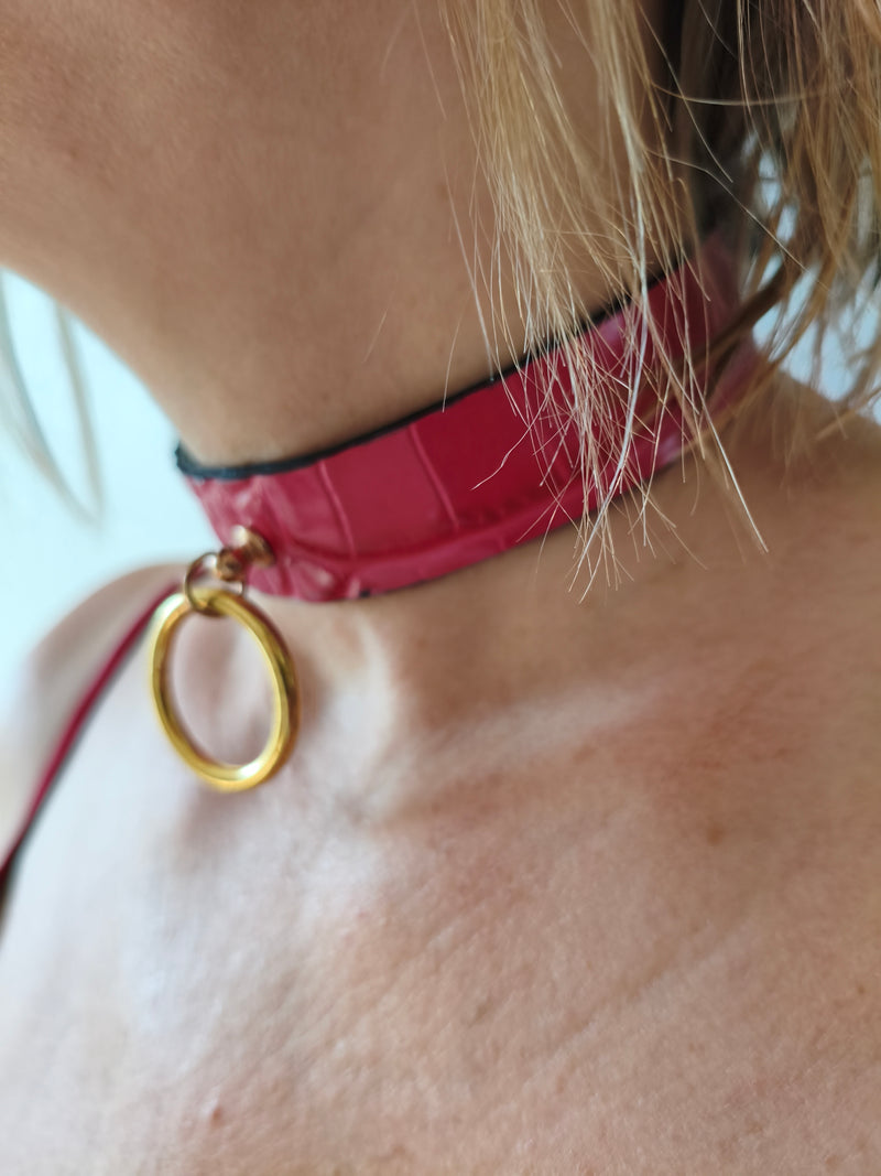 Collier cuir fuchsia - fermoir acier inoxydable doré - fabrication française
