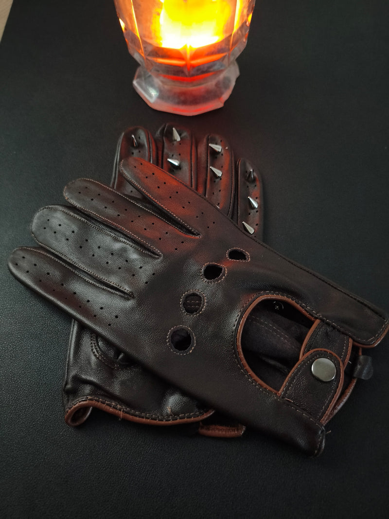 Gants cuir marron pointes métalliques AdryX - détail des pointes