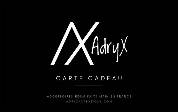 Carte cadeau AdryX — logo blanc sur fond noir, accessoires BDSM faits main en France